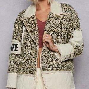 BRAND NEW POL Colorblocked Twill Patch Studded Back Heart Jacket- Leopard